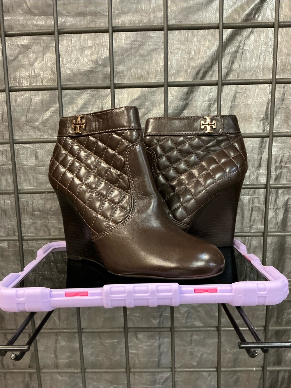 Tory Burch Dark Brown Quilted Leather Wedge Ankle Boots